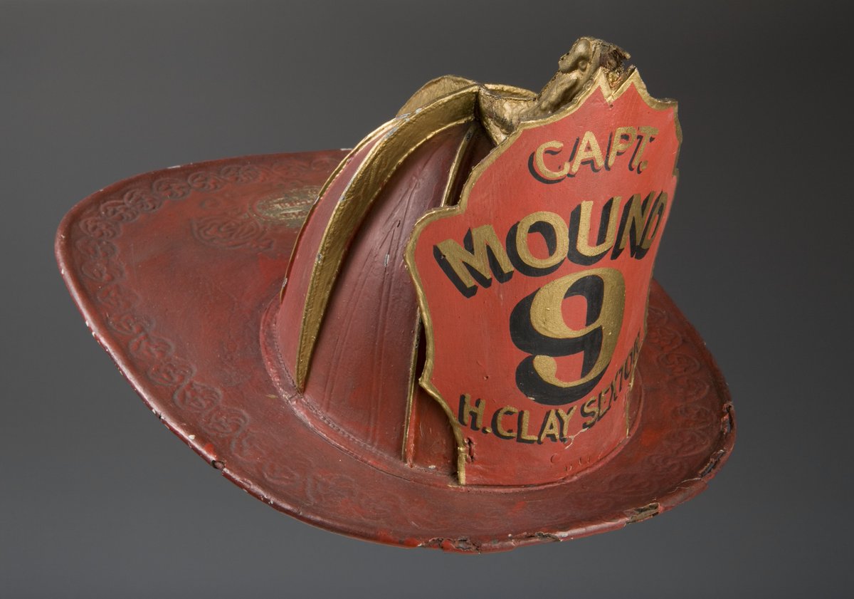 Painted leather fireman's helmet worn by Henry Clay Sexton while serving with Mound Fire Co. No. 9 in St. Louis, Missouri, c. 1850. Source: Missouri Historical Society. #history #fireman #firefighter #ushistory #missourihistory #firefighting