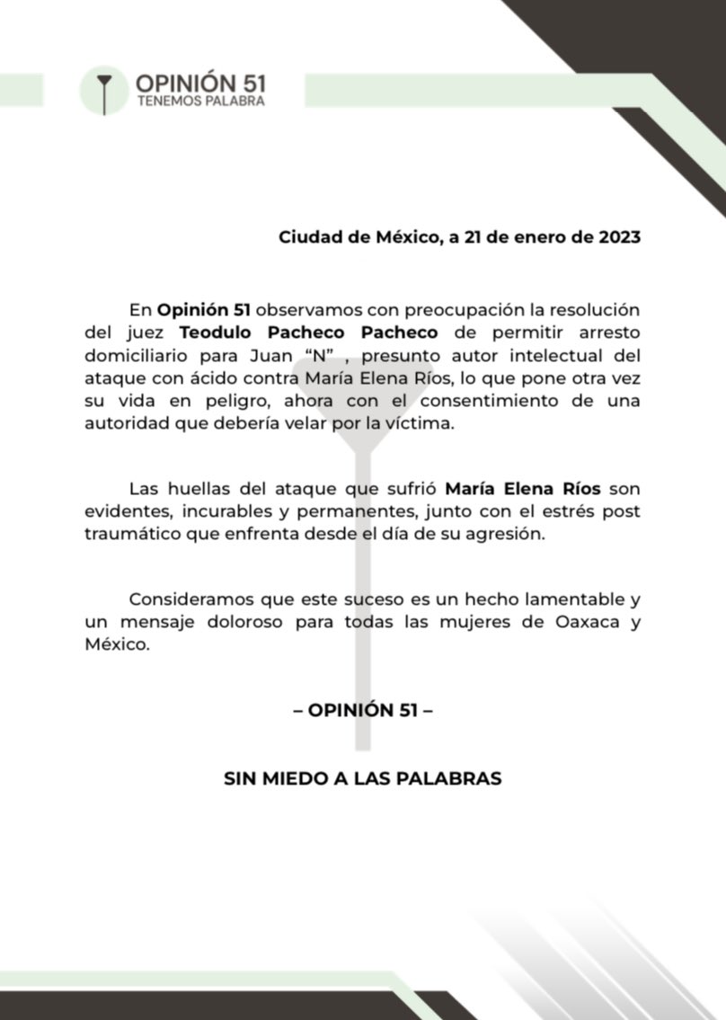 Posicionamiento de <a href="/Opinion_51/">Opinión 51</a> sobre el caso de Maria Elena Ríos [<a href="/_ElenaRios/">• 𝐄𝐥𝐞𝐧𝐚 𝐑í𝐨𝐬 🎷</a>] y la inaudita decisión del juez de permitir que su presunto agresor salga de prisión.

#FuerzaparaMalena