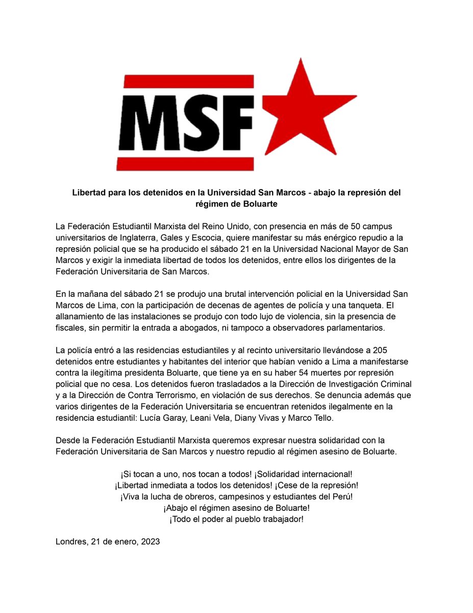 marxistJorge's tweet image. 🔴URGENT🔴
The @MarxistStudent Federation (Britain) demands the immediate release of 205 arrested by police during raid at San Marcos University, Lima, Peru, including leaders of the @fusm1948