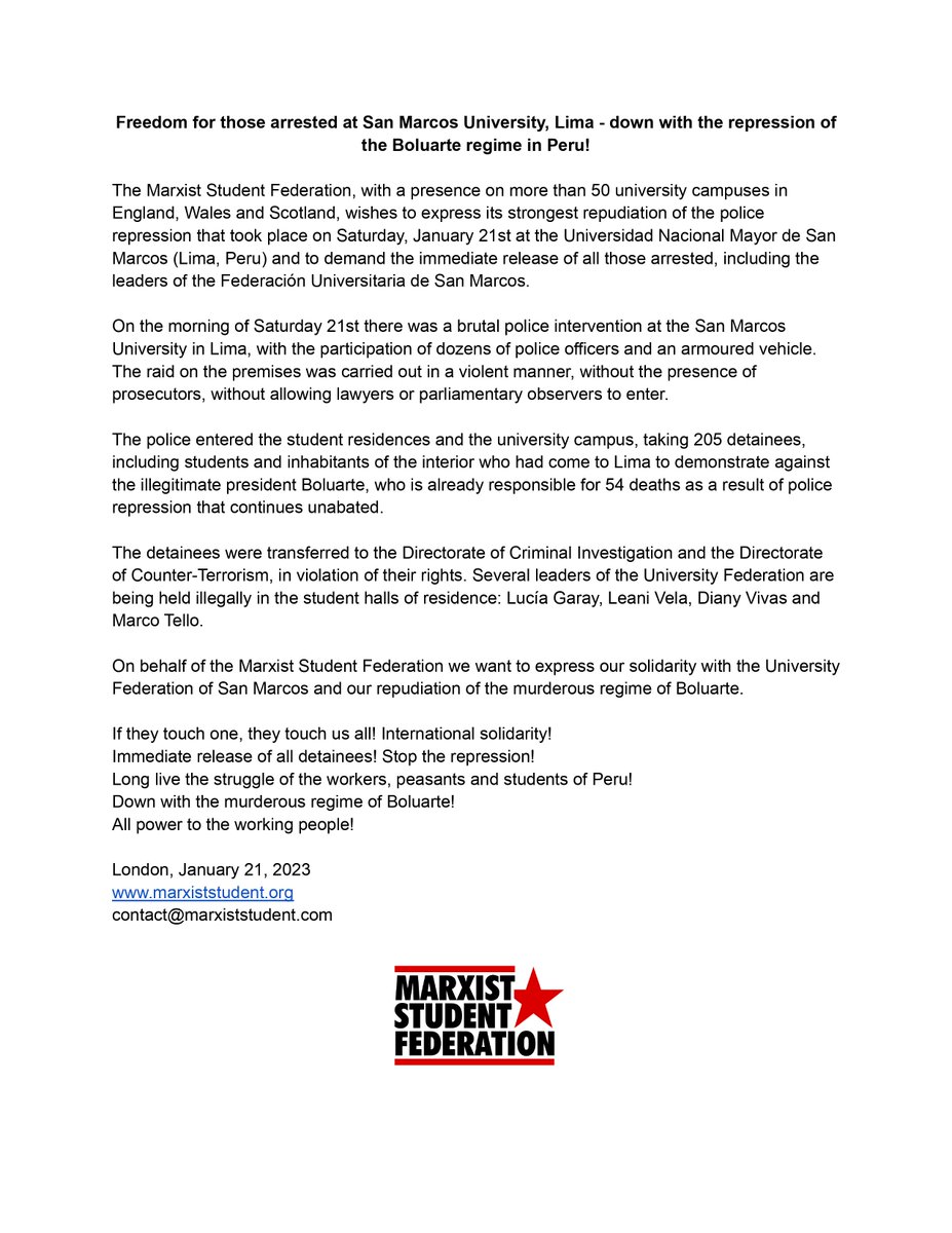 marxistJorge's tweet image. 🔴URGENT🔴
The @MarxistStudent Federation (Britain) demands the immediate release of 205 arrested by police during raid at San Marcos University, Lima, Peru, including leaders of the @fusm1948