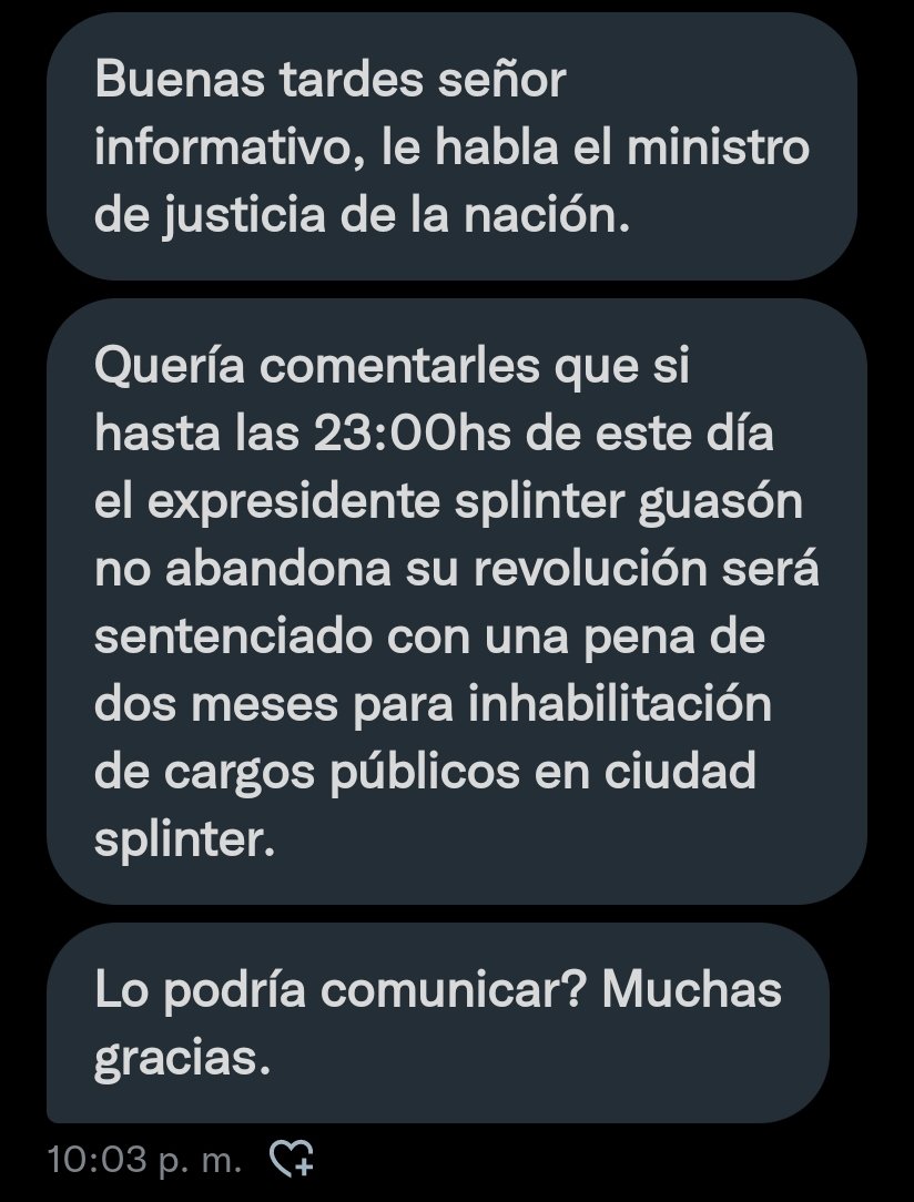 Desde un lugar desconocido por mi propio bien, estoy informando esto que me llegó, sigo vivo pero ojalá no me encuentren, ampliaremos