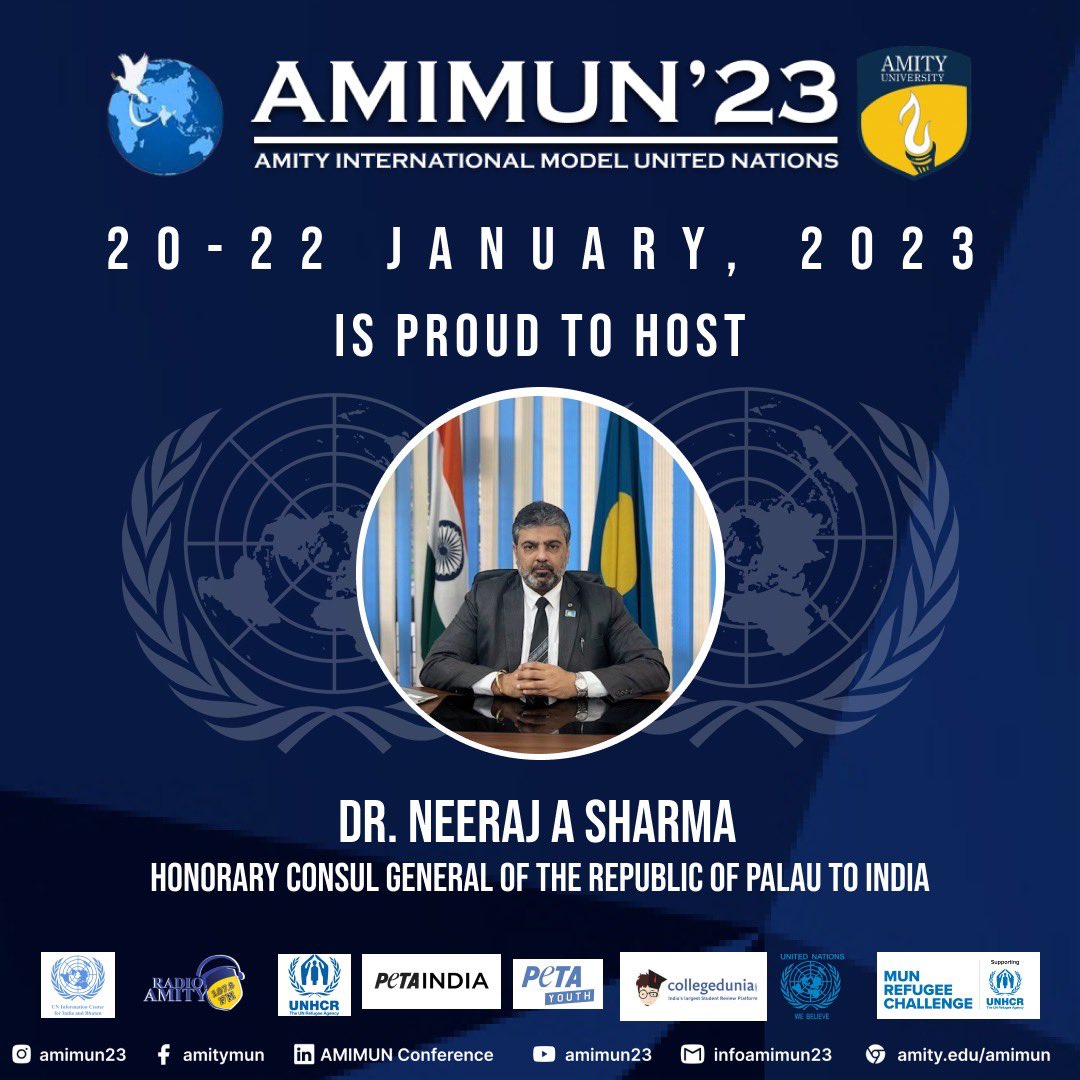 Neerajpalau's tweet photo. Attending #AMIMUN by Amity University as “Guest of Honour “ on the 22nd Jan 2023 @ Amity University, Noida. AMIMUN is the 11th Edition of the annual conference aimed at promoting #diplomacy and understanding of UN working model.

@amimun23 @UN @AmityUni @Refugees 
#asktiger https://t.co/vyhy4bi18O