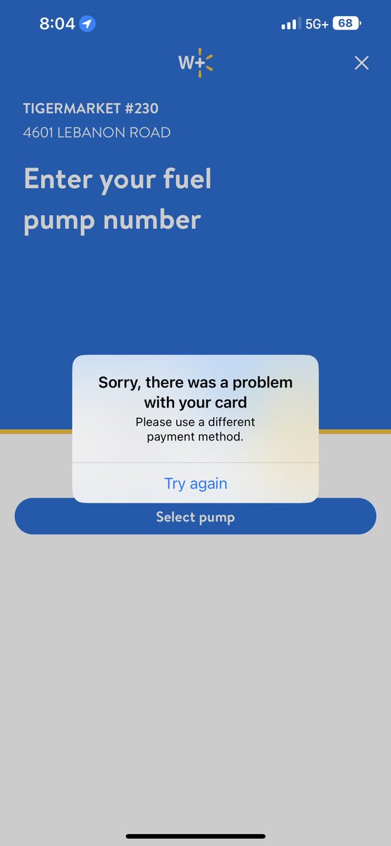 mortalumfo's tweet photo. @walmarthelp hi I keep getting an error when trying to activate pumps at the Exxon gas stations in my area with Walmart+. See below https://t.co/ovJ1o18IWt