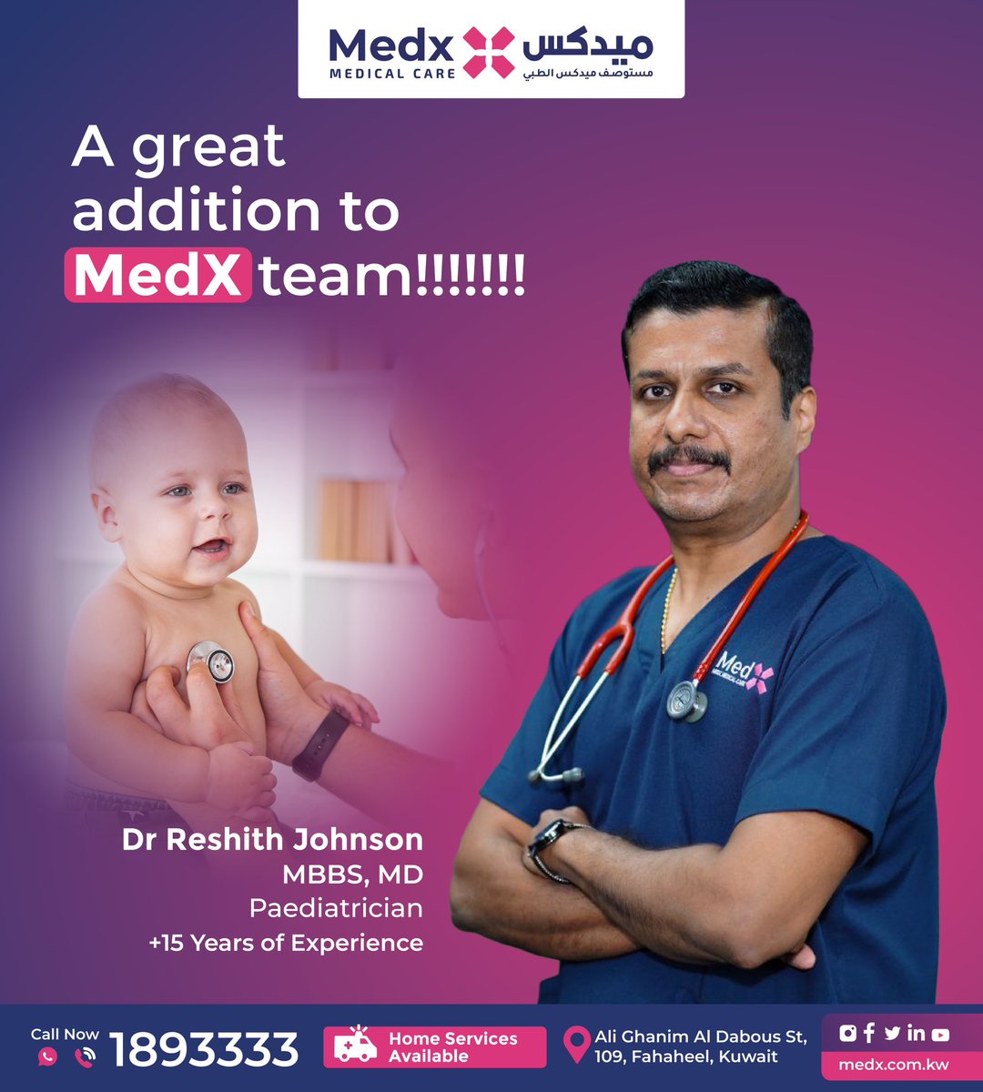 A great addition to Medx Medical Care.
Dr Reshith Johnson MBBS, MD
Paediatrician
+15 Years of Experience.  #medxmedicalcare #pediatric #doctor