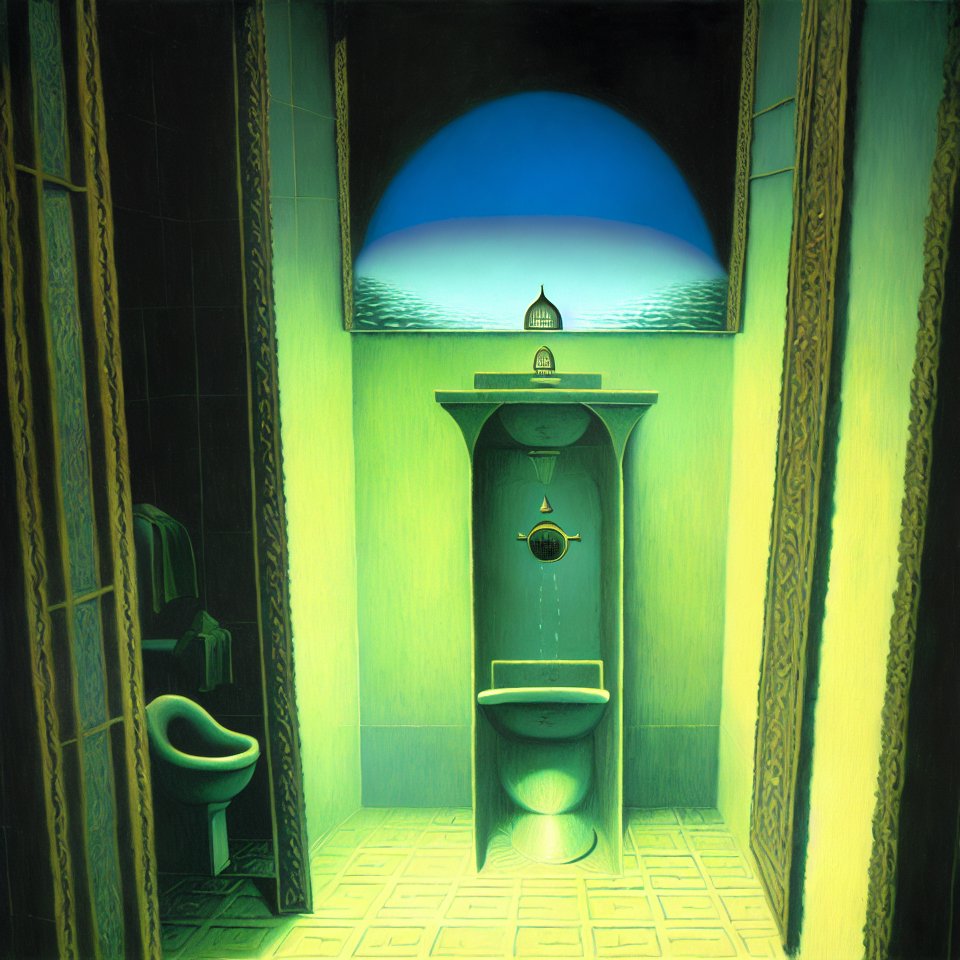 fnrd23's tweet photo. Lost in the surrealist bathrooms. 
All the bathrooms in my dreams are for any gender. 
Obviously gender is a ploy by big bathroom to sell you more bathrooms. https://t.co/4zrluH8bVX