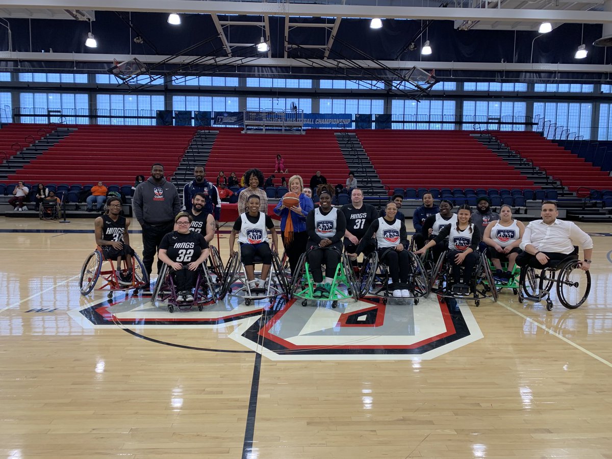 Assemblymember Rebecca Seawright, Chair of Committee on People with Disabilities, tossed up ceremonial opening ball at CUNY Wheelchair Basketball Tournament today at Queens College. Here with CUNY students (& guests)from 13 campuses. Women’s team one of only 7 teams nationwide.