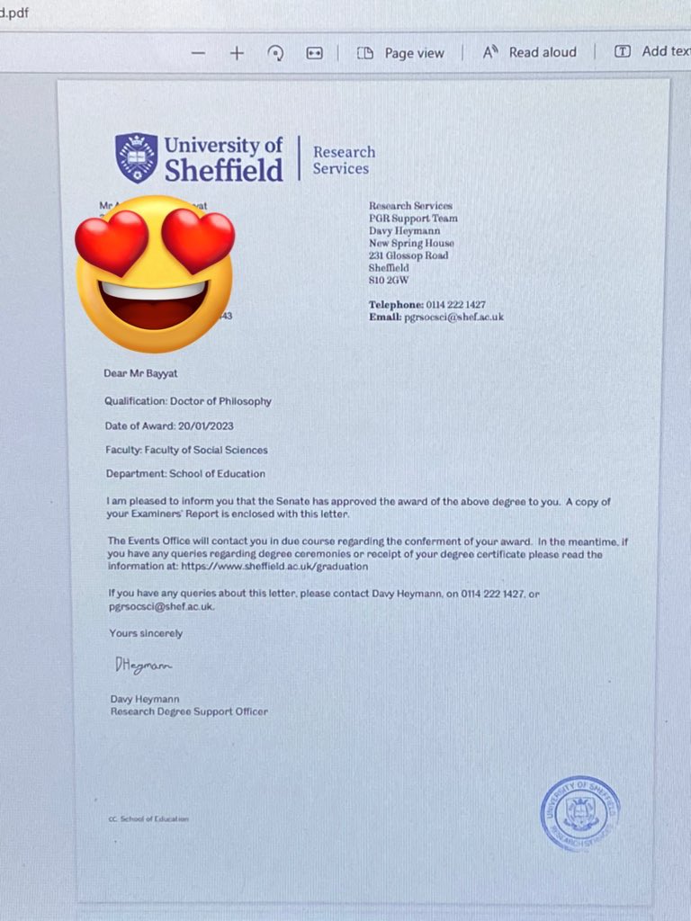 It’s done.. #PhD award arrived!! Six years of sacrifice. Sincere thanks to <a href="/EducationSheff/">Education@Sheffield</a>: my supervisors, role-models &amp; advocates <a href="/dlcwebb/">Darren Webb</a>, <a href="/KirstyLiddiard1/">Dr. Kirsty Liddiard</a> &amp; <a href="/AnsgarAllen/">Ansgar Allen</a>; my mentor Helen Shaw; my examiners; my  participants, friends &amp; family. Despite the odds, WE DID IT! 🙏🏼😘