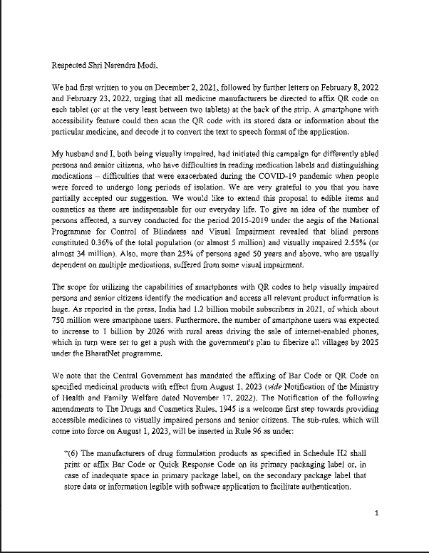 smriti106jnu's tweet photo. @PMOIndia Sir! thank you for partially accepting my initiative for accessible medicine. Kindly see my suggestions in this regard. QR code on medicine is the only solution to this issue. India can become a guiding light in accessible health for disability. You can show us the way! https://t.co/a6kla3XasO