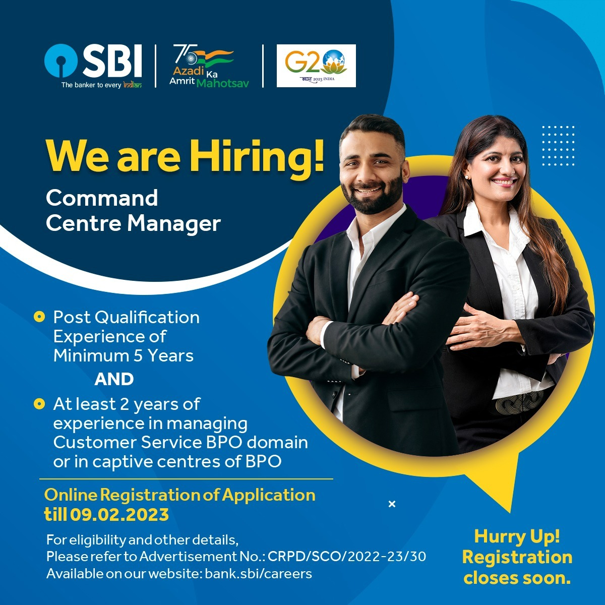 TheOfficialSBI's tweet photo. State Bank of India is recruiting professionals with experience in managing Customer Service BPO domain or in captive centres of BPO.
To apply, visit: https://t.co/DHpfIv9dly

Hurry up! Registration closes soon.

#JoinSBIFamily #SBI #StateBankofIndia #AmritMahotsav https://t.co/vvaLgpUwap
