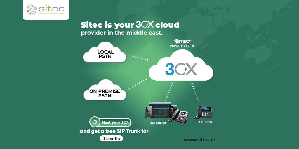 SitecTechnology's tweet image. HOST your 3CX system in our reliable, efficient, and stable private cloud and get a free SIP Trunk with a local landline number for 3 months now 
Sitec is the Master 3CX distributor for the region and your best to select a 3CX cloud provider in the middle east.
