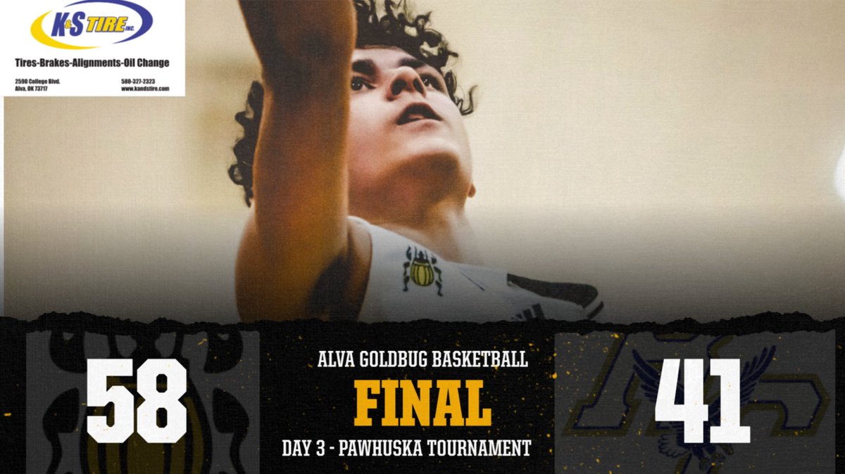 Congratulations tot he Alva Goldbug basketball team as they capture the championship of the Pawhuska Tournament by defeating Rejoice Christian School 58-41. #WinTheDay