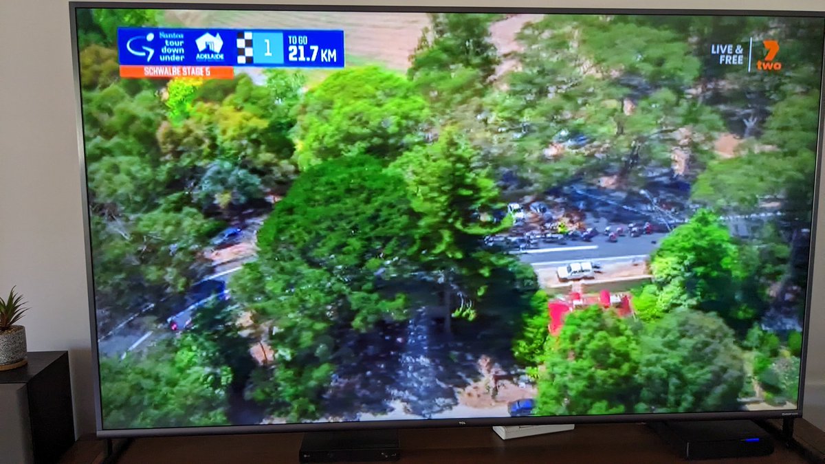 RunnerNoMore's tweet photo. The final 22km's of the #tdu2023 and Channel 7 have already downgraded their coverage to low definition making it difficult to read the text and almost impossible to identify the riders @tourdownunder , very disappointing! https://t.co/6eEs6ifXLH