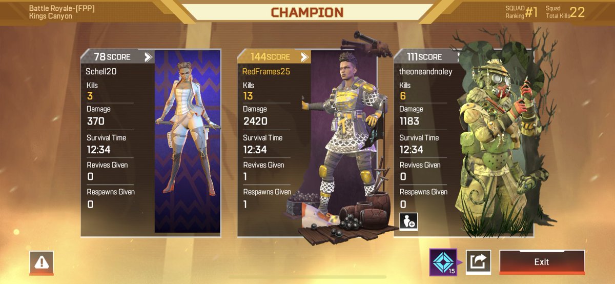 RedFramesGaming's tweet image. I played #APEXmobile with my wife. She got the last two kills, n I carried her there lol. #nowthatslove