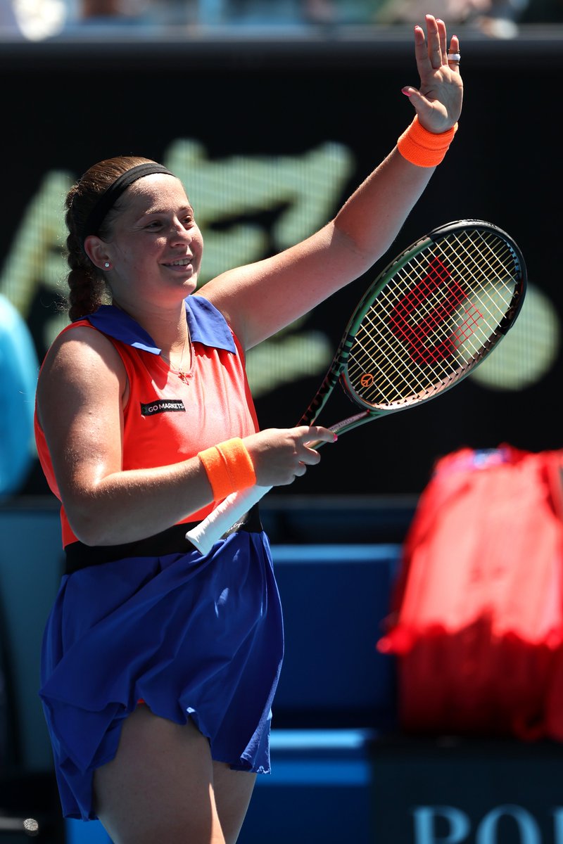 WTA's tweet image. Updating her best #AusOpen result to quarterfinalist 🙌

@JelenaOstapenk8 moves past No.7 seed Gauff, 7-5, 6-3!