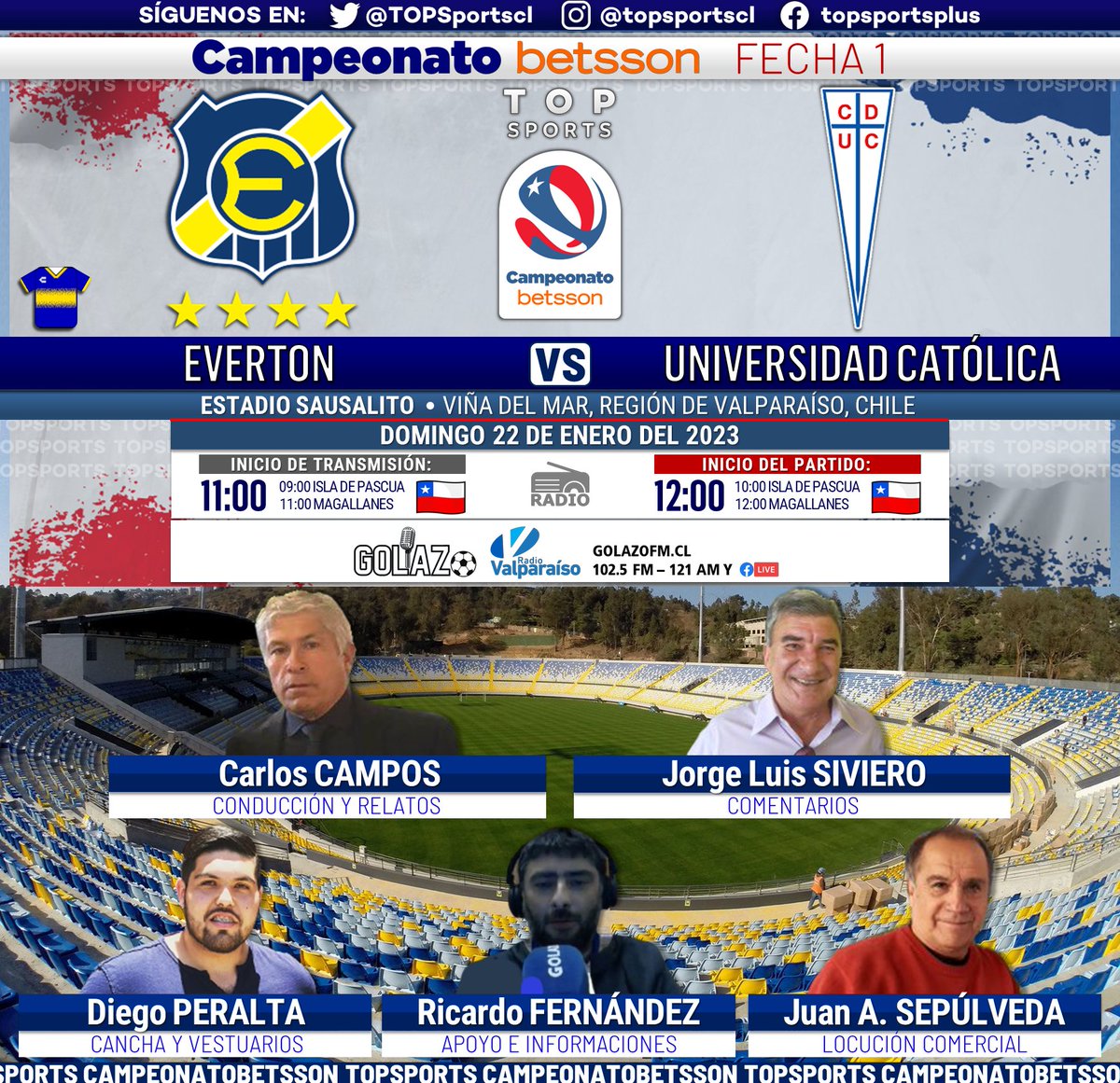 #CampeonatoBetsson ⚽️🇨🇱 Fecha 1
Everton [<a href="/evertonsadp/">Everton de Viña del Mar</a>] - Universidad Católica [<a href="/Cruzados/">Universidad Católica</a>]

🎙️ <a href="/ccamposfutbol/">Carlos Campos Castro</a>
🎙️ <a href="/SivieroJorge/">Jorge Luis Siviero V</a>
🎙️ <a href="/Peraltafifo/">Diego Peralta</a> 
🎙️ <a href="/ricardomfv76/">Fútbol ⚽️</a> 
🎙️ <a href="/Ay_juan/">Juan Alb.Sepúlveda</a> 

#⃣  #GolazoRadio
📻 <a href="/goolazoradio/">Golazo Radio</a> vía RRSS y <a href="/RadioValparaiso/">Radio Valparaíso</a> 102.5 FM / 121 AM
🔃❤️