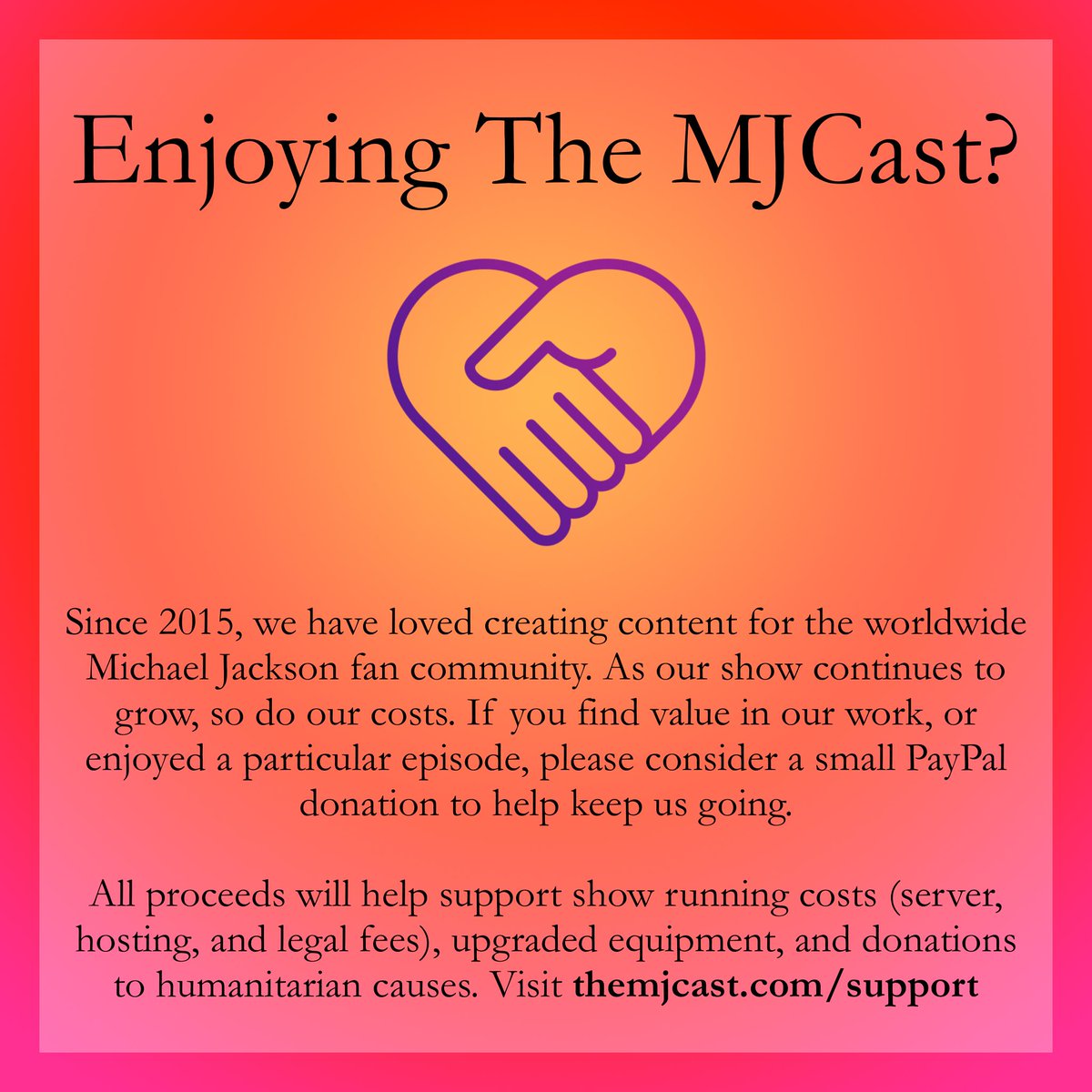 Enjoying The MJCast? As we grow, so do our costs. A small donation via themjcast.com/support will help us keep doing what we love, creating podcast content for #MichaelJackson fans. Proceeds go towards costs (hosting/server fees), equipment &amp; humanitarian donations. The MJCast.