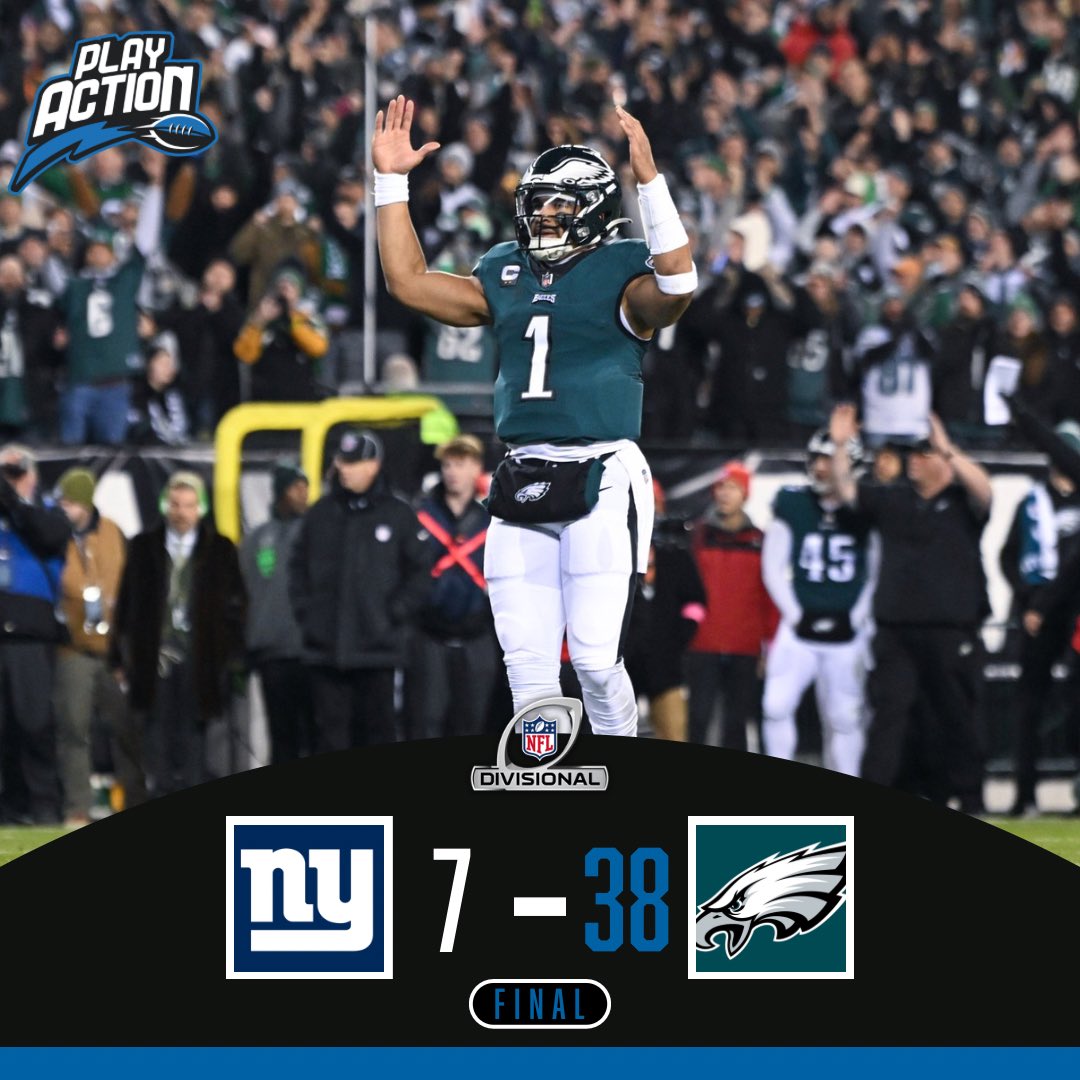 PlayActionMX_'s tweet photo. #EAGLES AL CAMPEONATO DE LA NFC 🏈
Los #Eagles con una gran noche consiguen su pase a la siguiente ronda.
Los #Giants terminan su temporada con una actuación muy pobre.
#nfl #nflmx #nfl22 #nflplayoffs https://t.co/r8UXjoJypv
