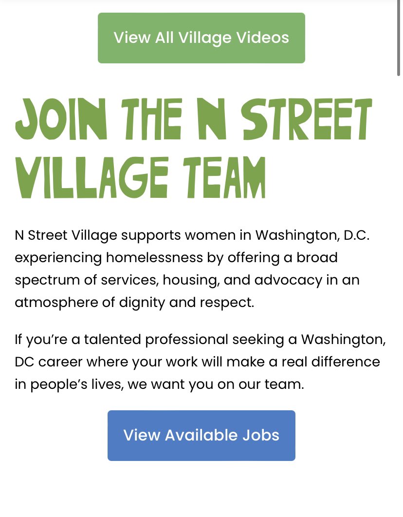 DC CHARITY JOBS
N Street Village @NStreetVillage

JOIN THE N STREET VILLAGE TEAM

nstreetvillage.org/careers/

#nonprofitleadership #nonprofitcareers #dccharityevents #dccharity #dcnonprofit #givedc #nonprofit #nonprofitjobs #dcjobs #nstreet #nstreetvillage #homelessness