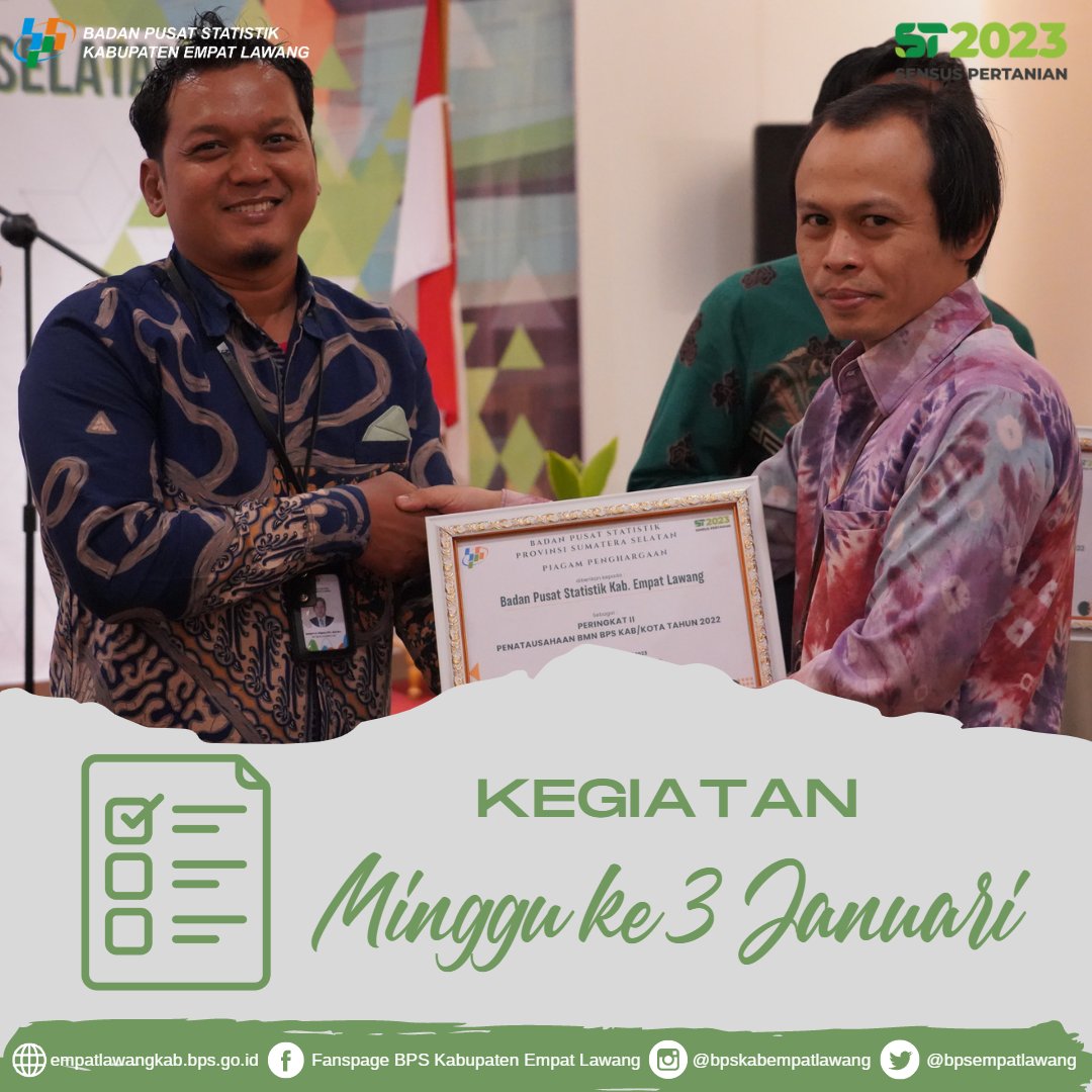bpsempatlawang's tweet photo. ✨Kegiatan Minggu ke-3 Januari 2023 di BPS Kabupaten Empat Lawang✨

Kegiatan rutin mingguan diawali dengan Apel pagi dan rapat rutin. Dilanjutkan dengan briefing persiapan publikasi DDA, Pelatihan Inda dan pelatihan petugas Sakernas Februari 2023. https://t.co/l1oZk8YGti