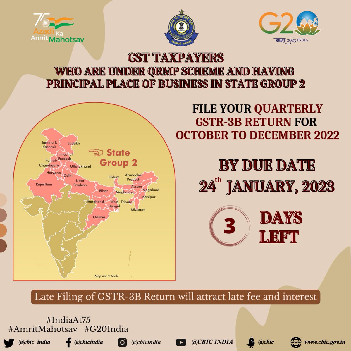 cbic_india's tweet photo. Attention, GST Taxpayers who are under QRMP Scheme and having Principal Place of Business in State Group 2! https://t.co/UU5fwb7GGX