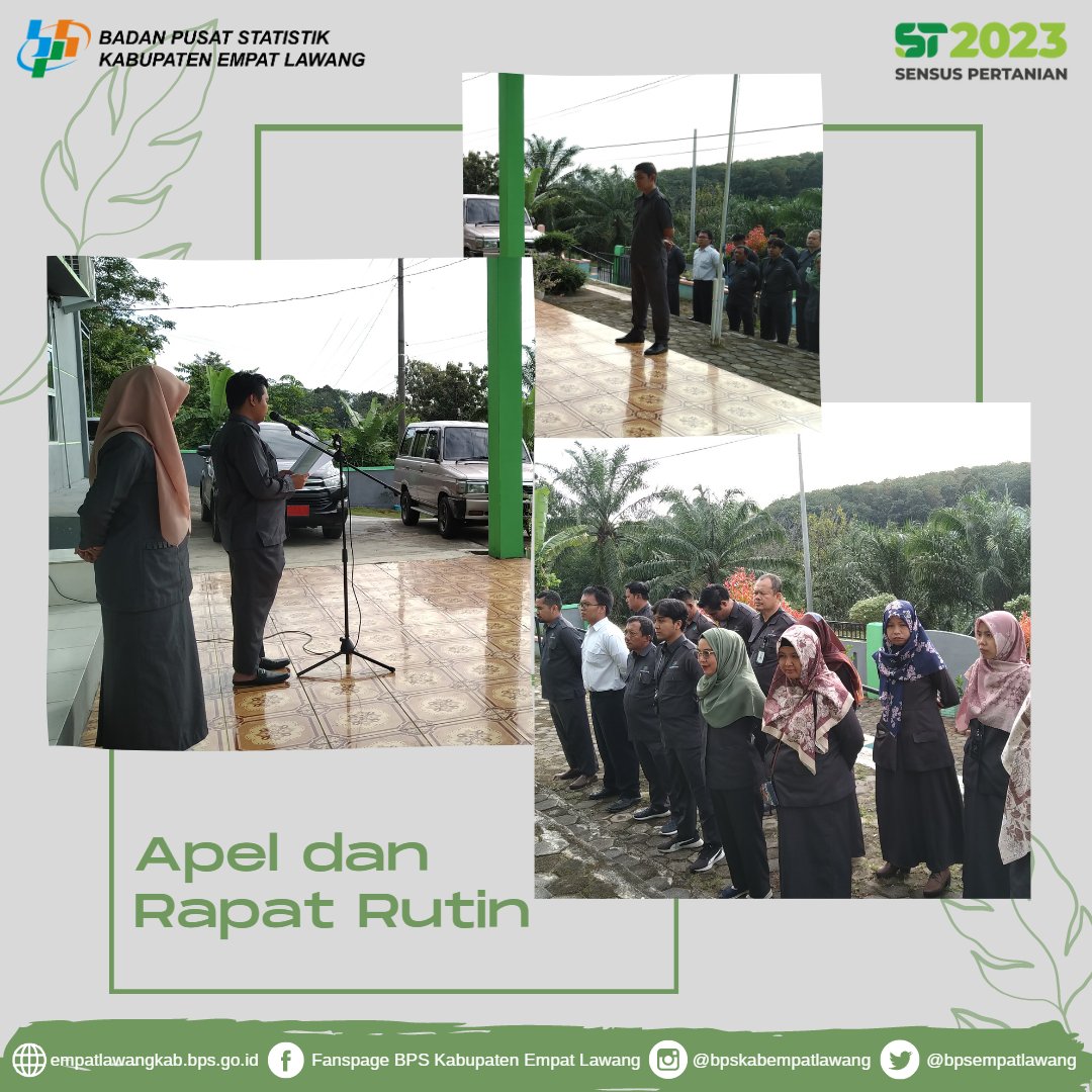 bpsempatlawang's tweet photo. ✨Kegiatan Minggu ke-3 Januari 2023 di BPS Kabupaten Empat Lawang✨

Kegiatan rutin mingguan diawali dengan Apel pagi dan rapat rutin. Dilanjutkan dengan briefing persiapan publikasi DDA, Pelatihan Inda dan pelatihan petugas Sakernas Februari 2023. https://t.co/H47xNXq1DV