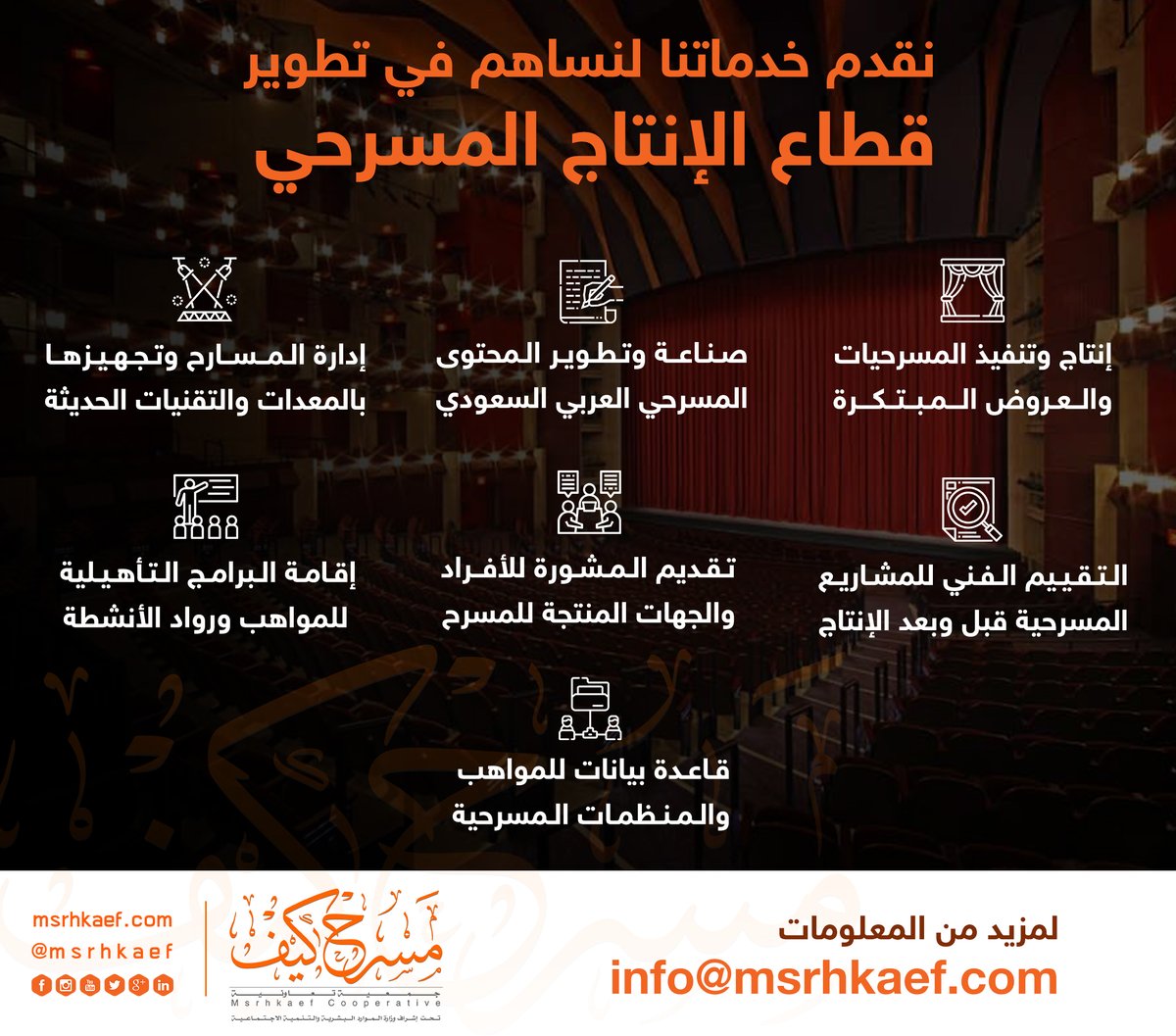 msrhkaef's tweet image. تعاونية #مسرح_كيف المنظمة الأولى من نوعها في المملكة العربية السعودية، تحت إشراف وزارة الموارد البشرية والتنمية الاجتماعية.
نقدم خدماتنا  لنساهم في تطوير قطاع الإنتاج المسرحي.