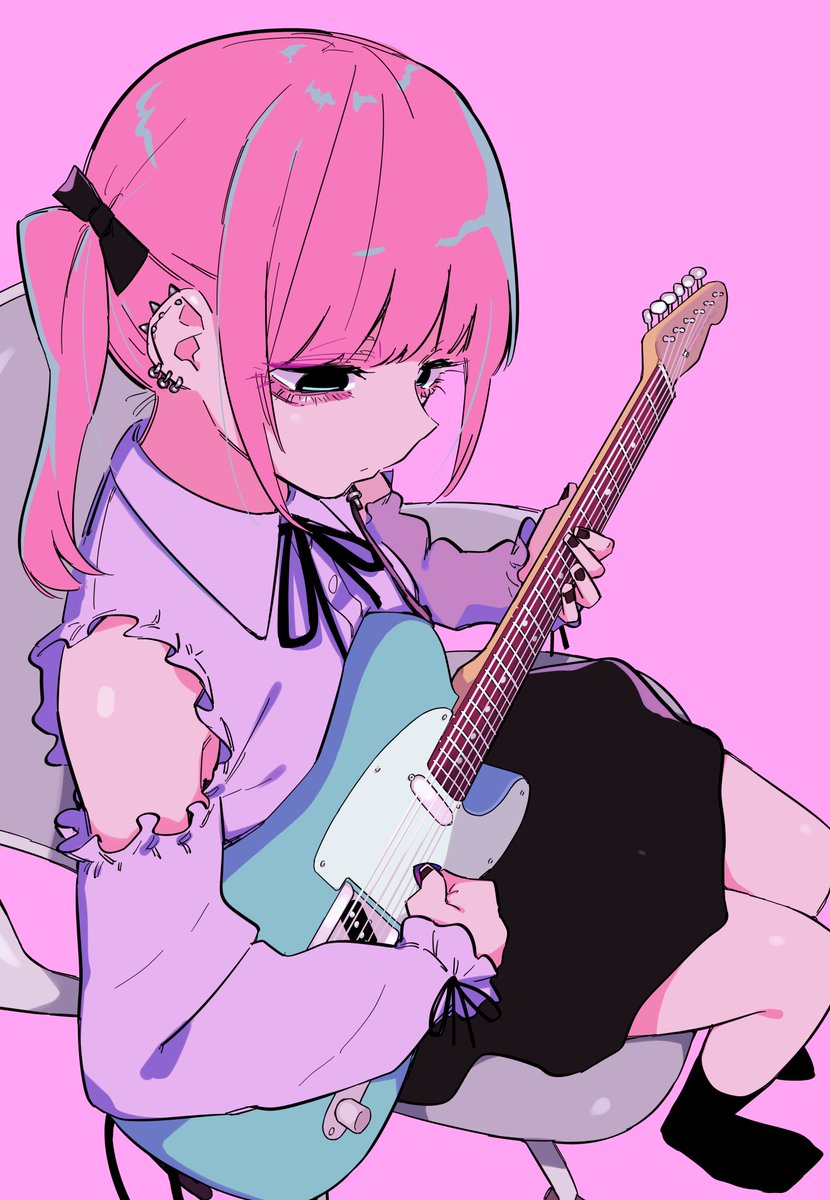1girl pink hair solo instrument skirt twintails piercing  illustration images