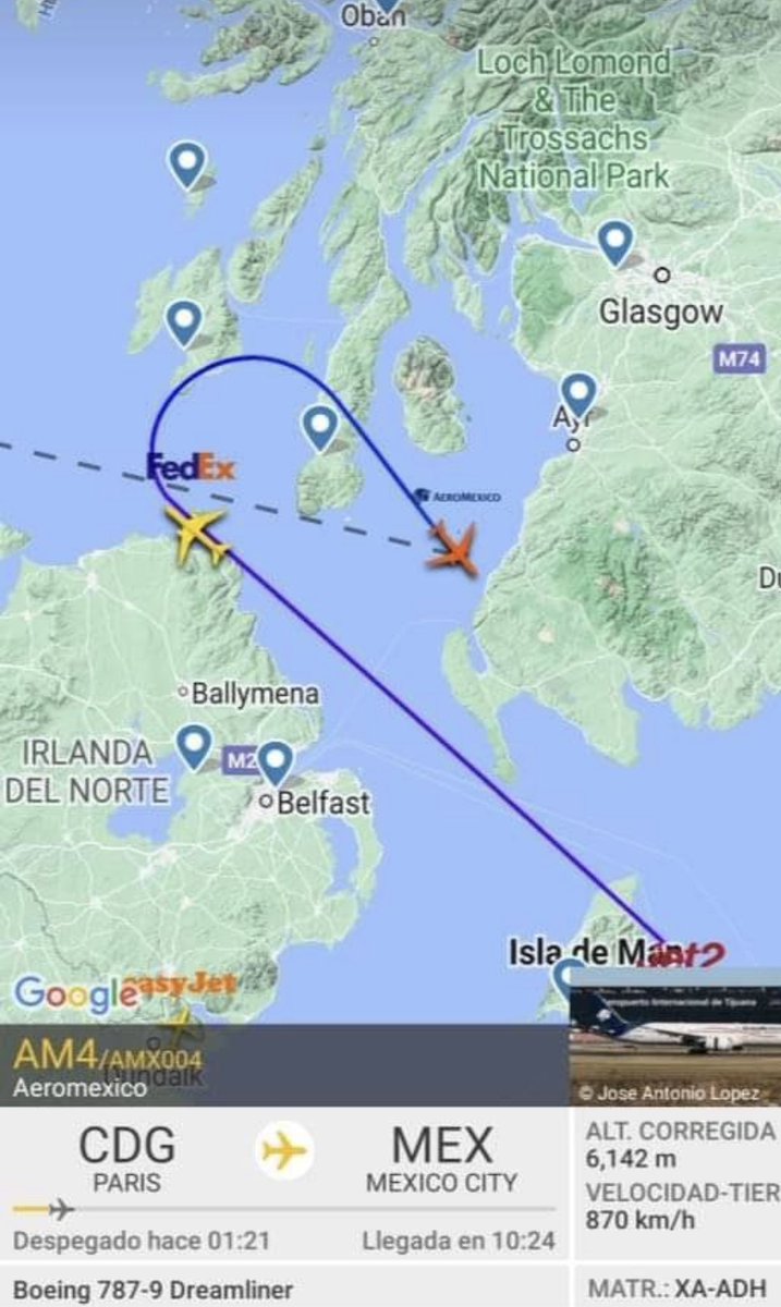 ManoloLarrieta's tweet photo. Código emergencia #7700 del vuelo #AMX004 procedente de Paris con destino CDMX , regresa a paris por emergencia mecánica un motor dejaría de funcionar del 787 https://t.co/v5fGQDLeGg