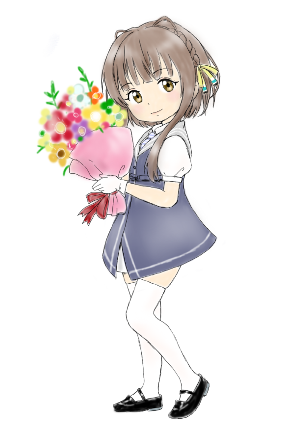 1girl solo grey sailor collar thighhighs bouquet white thighhighs short hair with long locks  illustration images