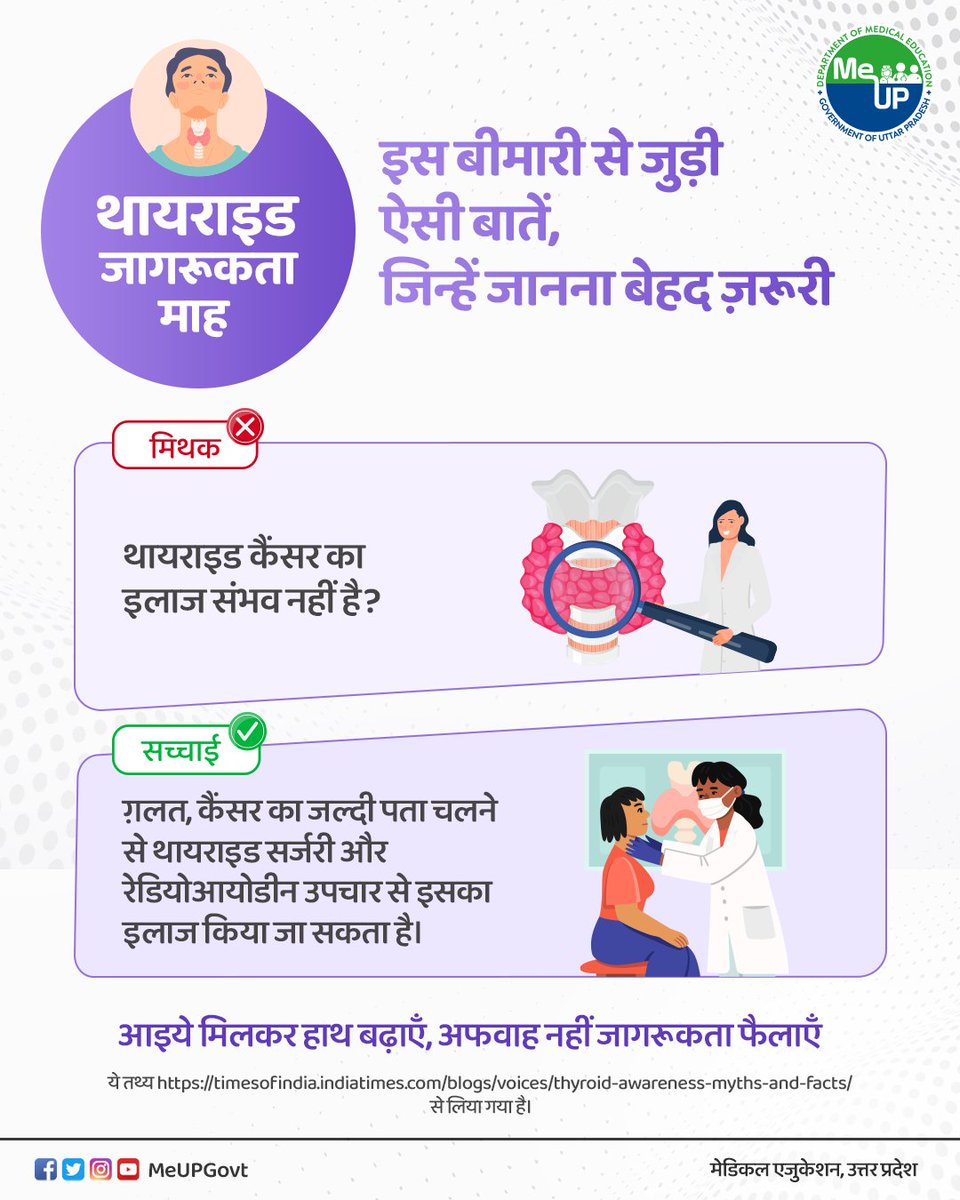 MeUPGovt's tweet photo. #ThyroidAwarenessMonth
क्या आप जानते हैं? थायराइड ऐसी बीमारी है जिसे साइलेंट किलर भी कहते हैं। इसका असर सांस, ह्रदय गति, पाचन तंत्र, आदि पर पड़ता है। जानिए इस बीमारी से जुड़े कुछ मिथक व उनकी सच्चाई।
#Facts #thyroid #thyroidhealing #thyroidism #myth https://t.co/UJGhzG6LQx