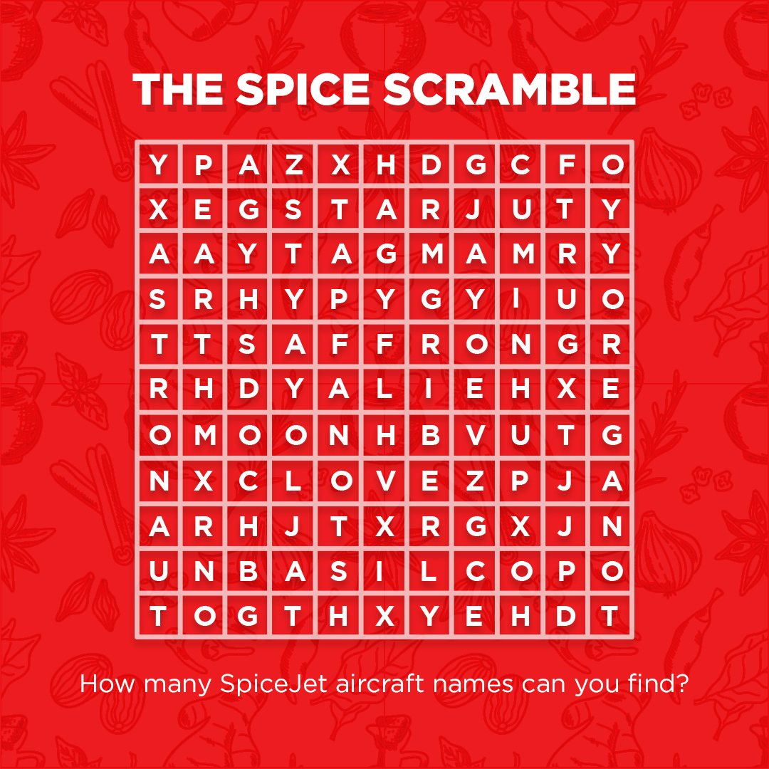 Join the search! Figure out the names of our aircraft named after spices. How many can you spot?

#flyspicejet #spicejet #findthename #puzzle #aircraftname #aviation #indianairline #travelgram #addspicetoyourtravel