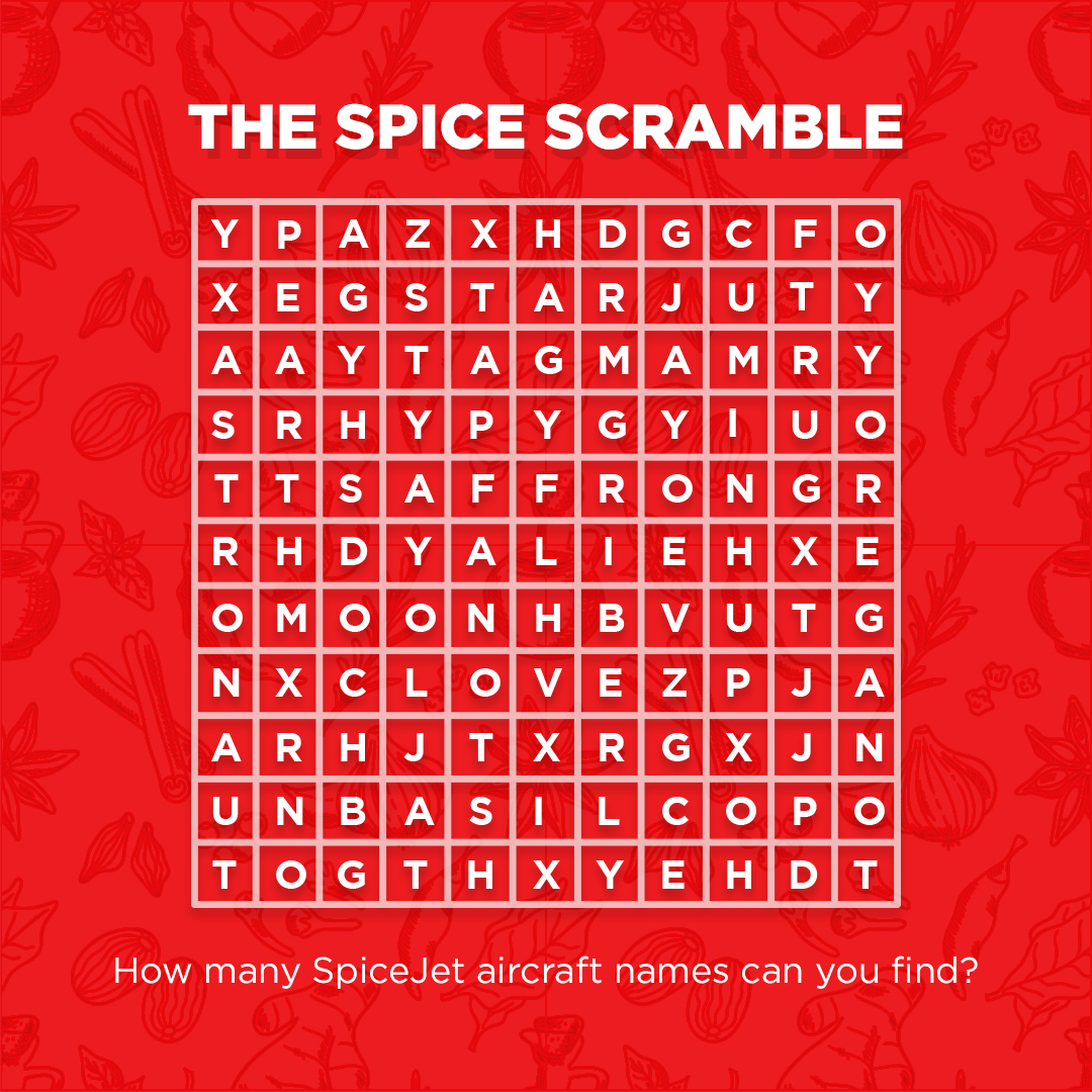 flyspicejet's tweet photo. Join the search! Figure out the names of our aircraft named after spices. How many can you spot?

#flyspicejet #spicejet #findthename #puzzle #aircraftname #aviation #indianairline #travelgram #addspicetoyourtravel https://t.co/EiU47DELJv