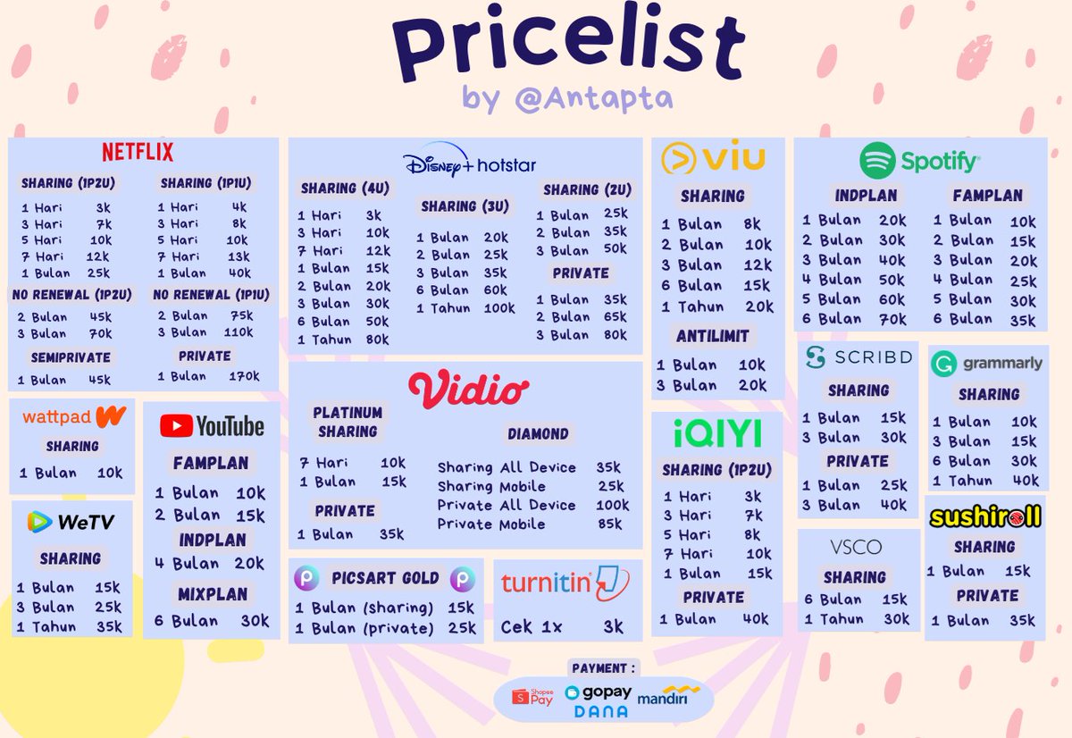 antapta's tweet photo. 🌸Ready aplikasi premium murah &amp; bergaransi 100%, Fast respon😉
Order:
🪪 : DM @antapta
💌 : WA https://t.co/uNDQTixWf9
💸 : Shopeepay, DANA, Gopay, Mandiri #zonauang https://t.co/AztI1UVvDc