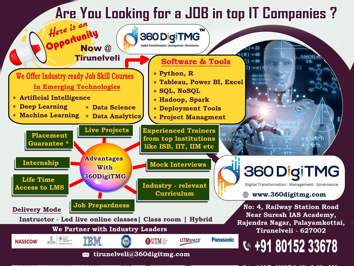Now in Tirunelveli contact for admissions and more enquiries +9180152 33678
Grab your seats now and get placed in top class companies.....
.
.
.
.
.
.
.
.
.
#jobopportunities #360DigiTMG #computerscience #python #SQL #tirunelveli #datascience #dataanalytics #tableau