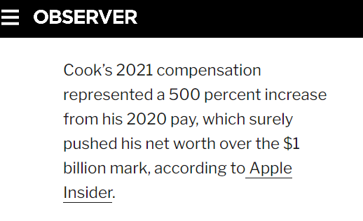 ashleygjovik's tweet photo. Lots of recent headlines about Tim Cook taking a "50% pay cut"

Now I also see praise of Tim Apple for maybe taking the cut to prevent layoffs

Apparently I'm the only person that ever fact checks Apple...

Cook's taking a 50% pay cut, following a 𝟓𝟎𝟎% pay 𝐢𝐧𝐜𝐫𝐞𝐚𝐬𝐞 https://t.co/djQ0zfIpPq
