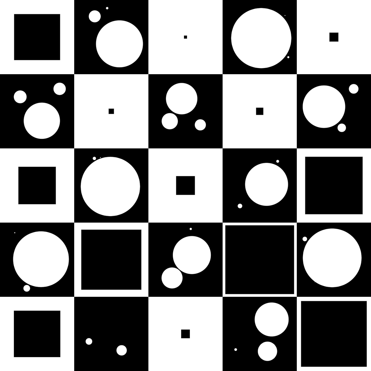 ketterbosch's tweet photo. #genuary 19 black and white. The wonderful world of squares in squares and circles in squares! 

#genart #p5js #creativecoding https://t.co/y62ifycTr2