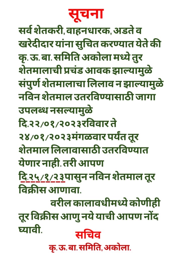 satish90980234's tweet photo. Akola, Maharashtra. Due to huge arrivals of Toor (pigeon pea) APMC has farmers wait to bring their Toor for selling in Mandi till 25th January 2023…. https://t.co/gKbUU2BAWc