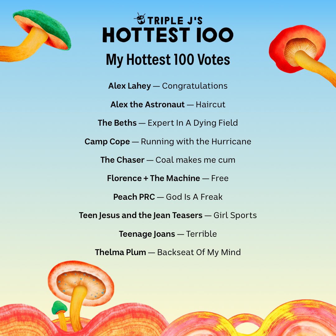 bella (@23fmfan) on Twitter photo <a href="/triplej/">triple j</a> hottest 100 votes! <a href="/AlexLahey/">Alex Lahey</a> <a href="/AtheAstronaut/">Alex the Astronaut</a> <a href="/THEBETHS/">The Beths</a> <a href="/chaser/">The Chaser</a> <a href="/florencemachine/">Florence + the Machine</a> <a href="/peachprc/">Peach PRC</a> <a href="/TeenTeasers/">Teen Jesus and the Jean Teasers</a> <a href="/TeenageJoans/">Teenage Joans</a> @ThelmaPlum_ #hottest100 <a href="/triplej/">triple j</a> hottest 100 votes! <a href="/AlexLahey/">Alex Lahey</a> <a href="/AtheAstronaut/">Alex the Astronaut</a> <a href="/THEBETHS/">The Beths</a> <a href="/chaser/">The Chaser</a> <a href="/florencemachine/">Florence + the Machine</a> <a href="/peachprc/">Peach PRC</a> <a href="/TeenTeasers/">Teen Jesus and the Jean Teasers</a> <a href="/TeenageJoans/">Teenage Joans</a> @ThelmaPlum_ #hottest100
