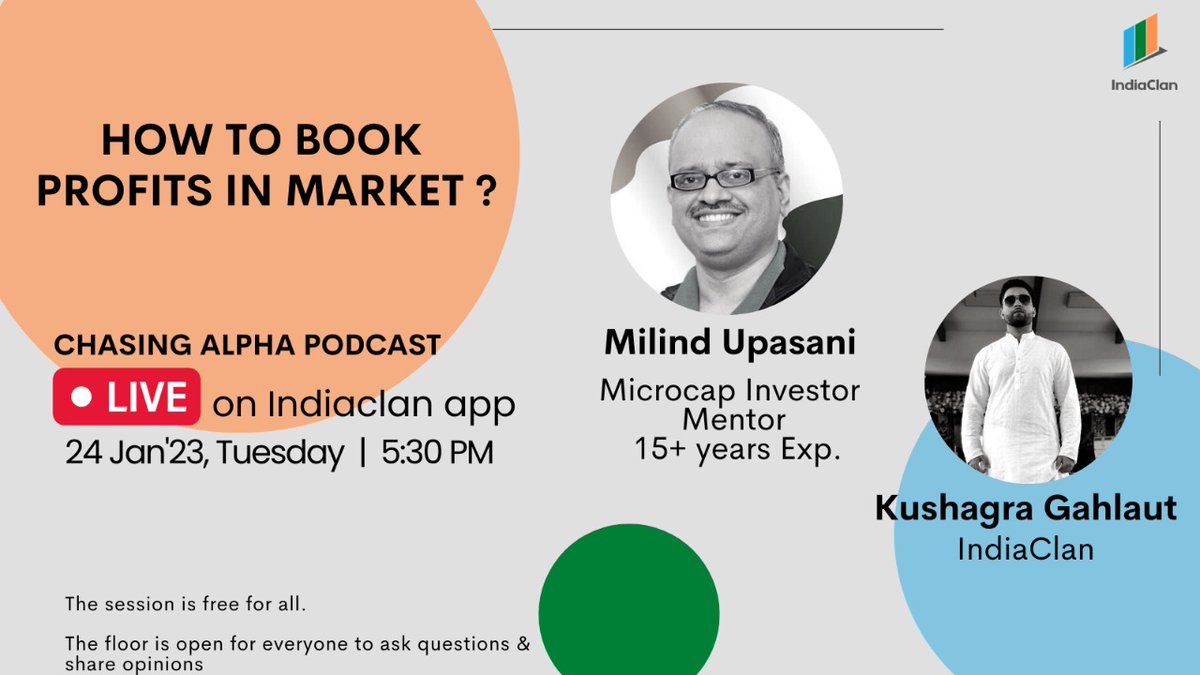 Milind4profits's tweet photo. 🚨🚨🚨 Happy to announce my upcoming live interaction on @indiaclan with @TheChasingAlpha   at 5.30 PM 24th January join at  https://t.co/cbpajUKmuu
Will share my ideas on how to plan Exits in positional trades &amp; investments ....

♻️ RT for a new microcap idea in next week https://t.co/uoxfjyda8c
