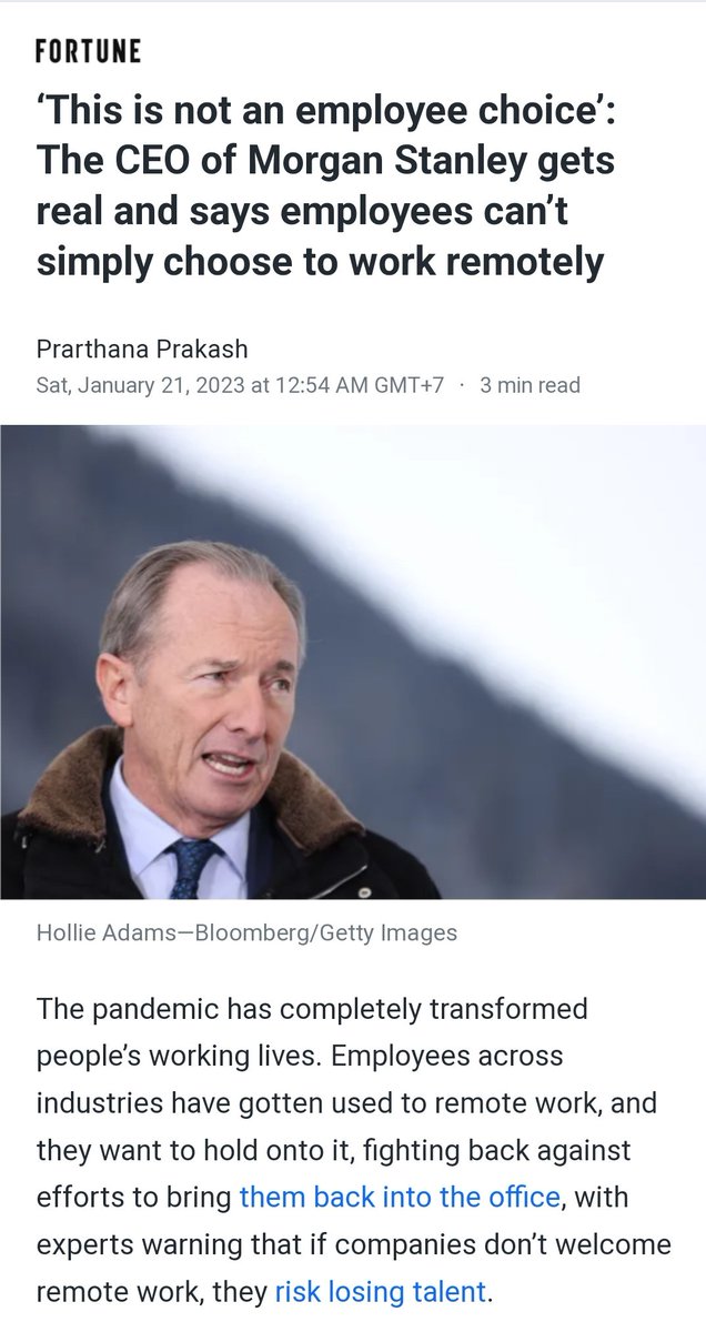 sxicex's tweet photo. CEO Morgan Stanley 
บอกว่าพนักงาน Remote Work ไม่ใช่ทางเลือก พนักงานควรจะมาเจอเพื่อร่วมงาน 3-4 วันต่อ Week https://t.co/Ra47DqpJKJ