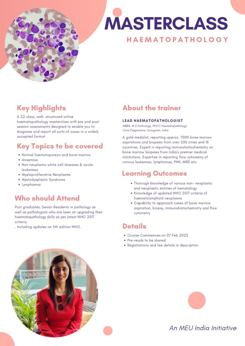 AnkitaJPathCore's tweet image. Starting the next batch of hematopathology masterclass 2023.
Join for gaining knowledge in bone marrows in RBC and WBC disorders with WHO 5th edition update!
Register on the link below
docs.google.com/forms/d/1yuRSp…

#hematology #corediagnostics #hemepath #oncohematology #pathology