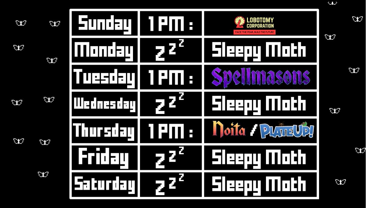 Balenar666's tweet photo. #Moth #twitch #stream #schedule for the week, more struggling against the ordeal of white in #lobotomycorporation this sunday before checking out #spellmasons thanks to the dev giving me a key!
and then keeping up the wizardry with #noita followed by #plateup with the beans! https://t.co/D8DxwfxEHR