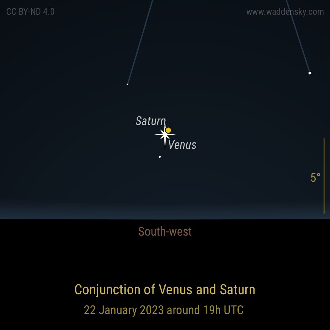 waddensky's tweet photo. Conjunction of Venus and Saturn on 22 January 2023 around 19h UTC #conjunction #alignment #venus #saturn #star #planet #celestialphenomena #darksky #constellations #telescopes #clearskies https://t.co/QmINlAmQ6e