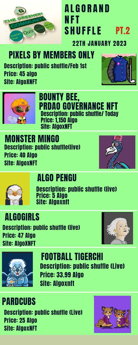 ALGORAND NFT DAILY SHUFFLE/MINT UPDATES. 

If you have a shuffle you want us to include, kindly let us know

#algofam #AlgorandNFTs #NFT #Greeneryteam #AlgoNFTs
 #NFA  #DYOR 

for other shuffle, check discord discord.gg/XPQTsrQVbn