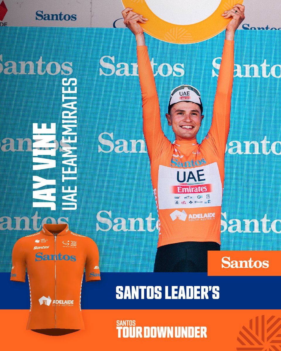tourdownunder's tweet photo. 🧡: Winner of the Santos Leaders Jersey: @JayVine3 | @TeamEmiratesUAE 

#TourDownUnder

@SantosLtd #schwalbe @Interflora @SANTINI_SMS https://t.co/5oOnwB8O1J