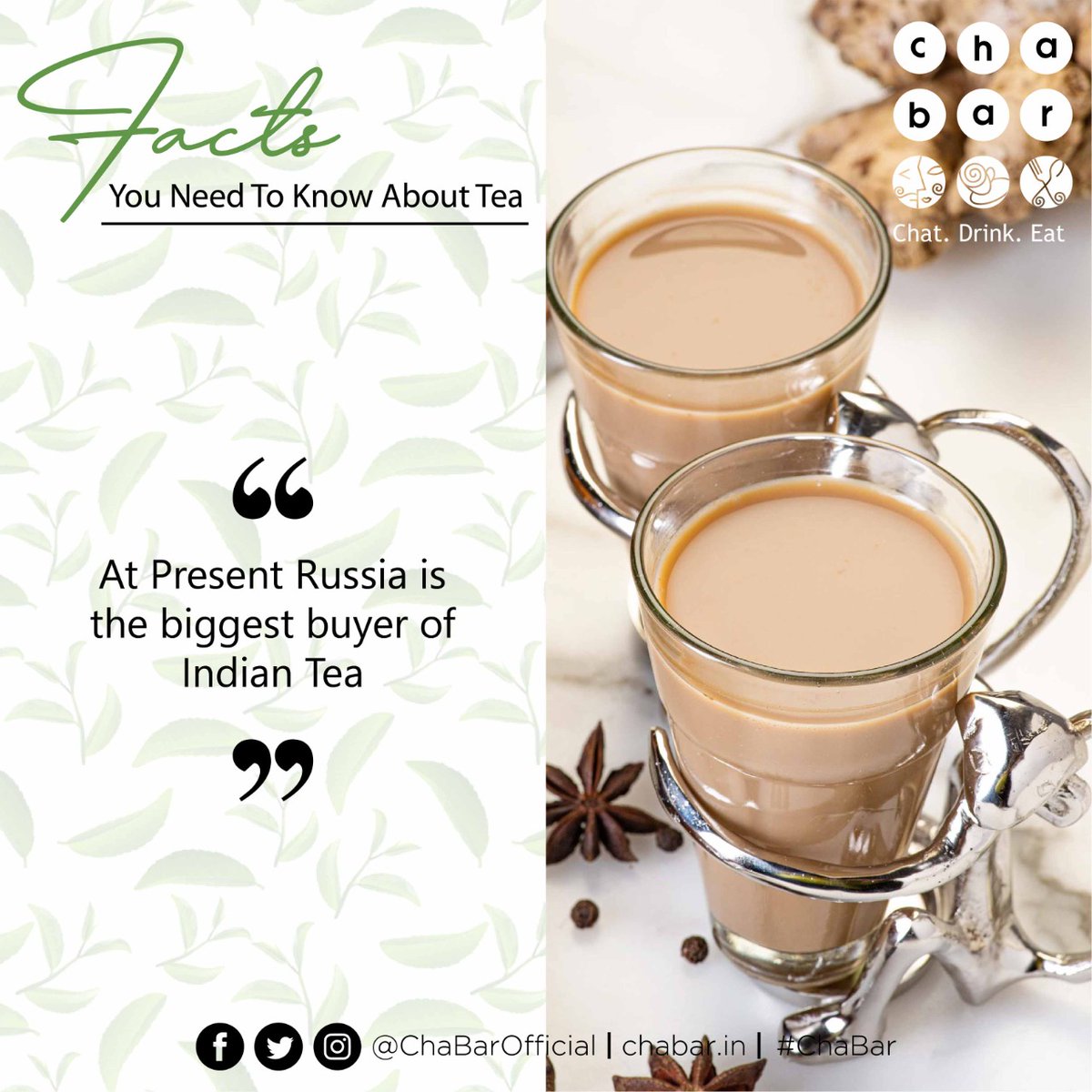 chabarofficial's tweet image. At Present Russia is the biggest buyer of Indian Tea. 🌿🌿☕
#IndianTea #teafacts #teawisdom #tea #teatime #teadrinkers #DidYouKnow #ChaBar #ApeejaySurrendraGroup