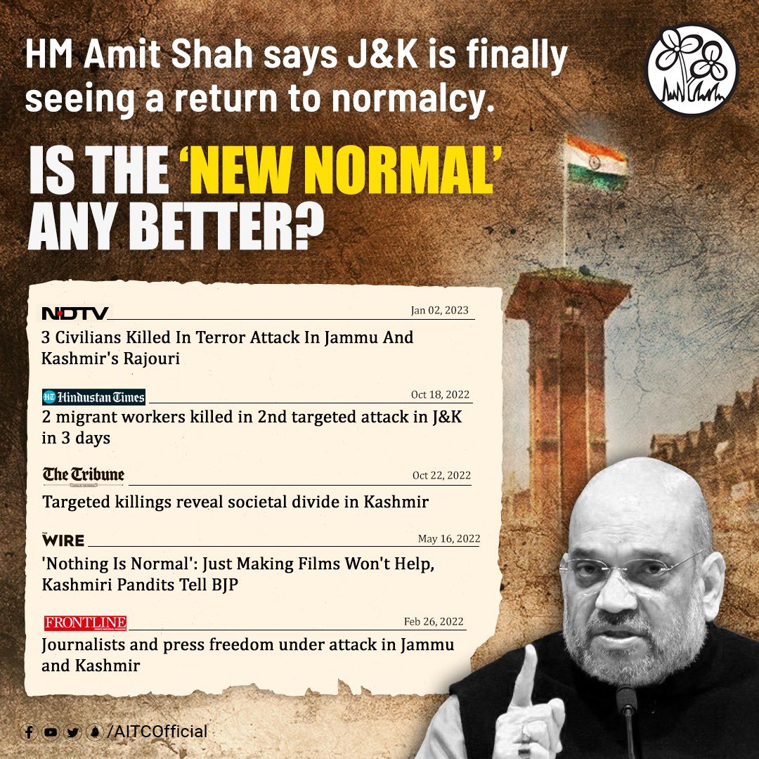 AITCofficial's tweet photo. HM Amit Shah, in a recent Intelligence Bureau conference, said that the situation in the state is back to normal.

The @BJP4India continues to pick and choose stories that water down the complex reality. Half-truths are more dangerous than lies! https://t.co/BHcdBWgTnx