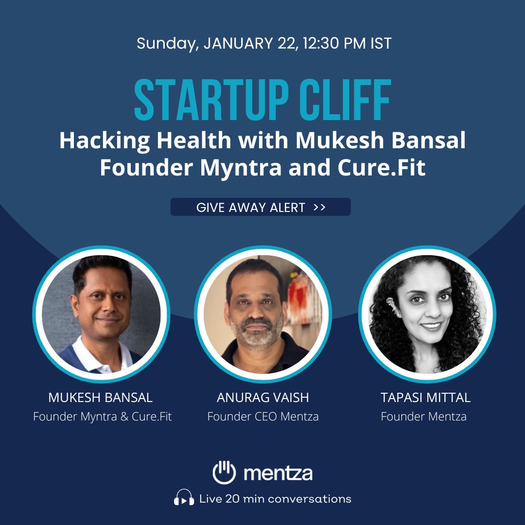 Going live in 5 min with @mukeshbansal06 on #stratupcliff. We will have a live chat with him to learn about his newly released book #hackinghealth and also get a deep dive into his super health venture @cultfitOfficial Live link mentza.com/circles/51094
