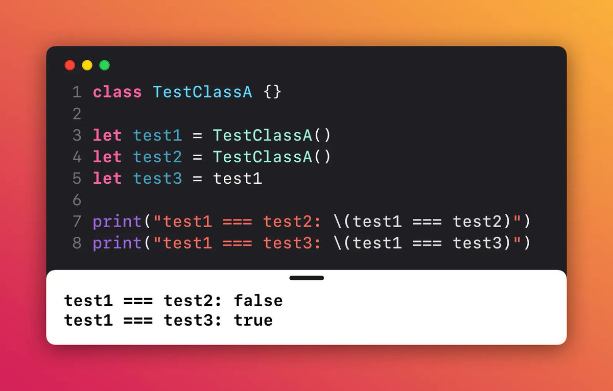 hanning_thomas's tweet image. By using the identity operator === you can compare the references pointing to the instances of a class. If these references are pointing to the same instance, the operator returns true.
#iosdev #swiftlang