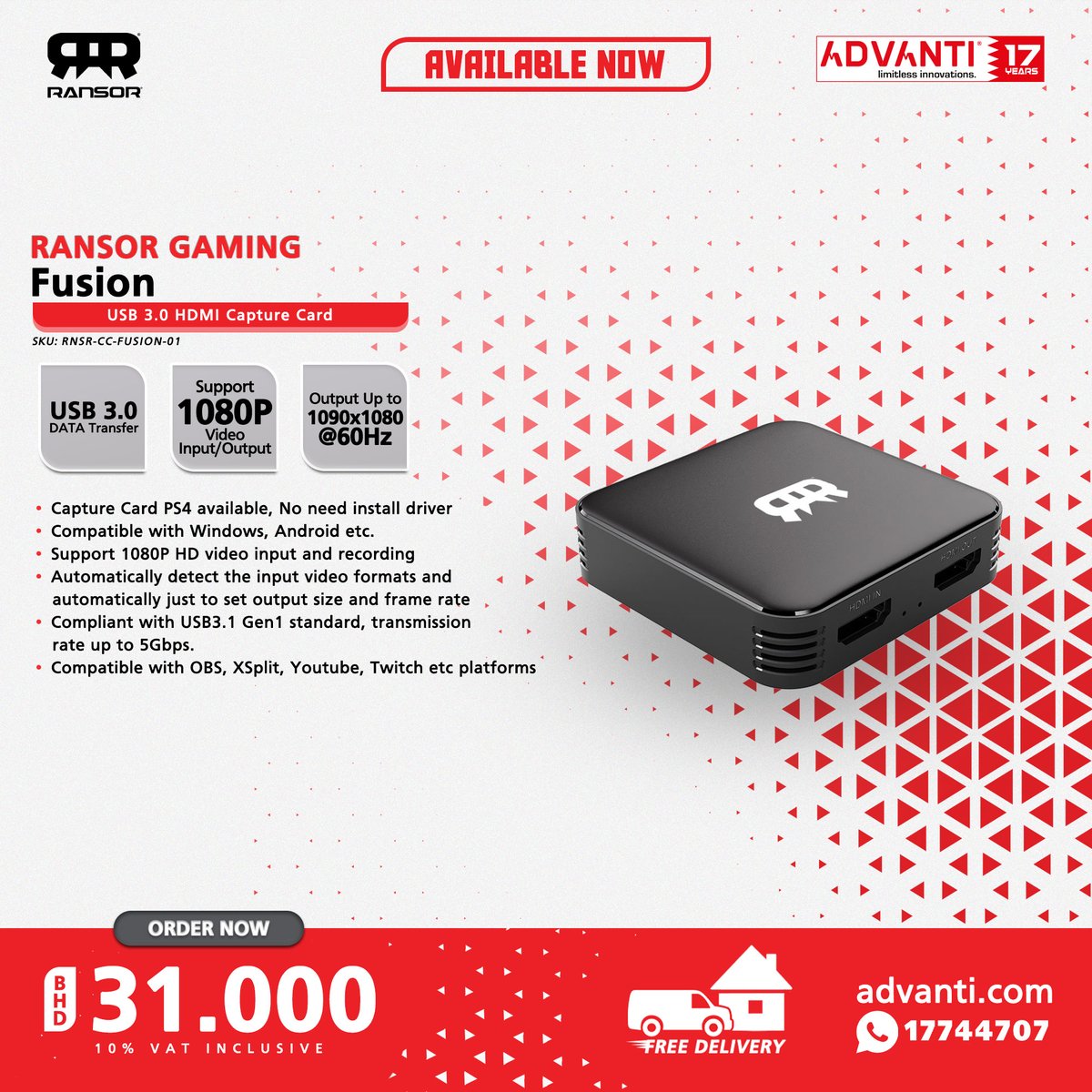ADVANTIGroup's tweet photo. π½USB 3.0 HDMI CAPTURE CARD π½
π΄ RANSOR Gaming Fusion π΄
βΆ PRICE: BHD 31.000 ( 10% VAT Inclusive )
For orders: π 17744707 π https://t.co/uBj4iXdgtU
FREE DELIVERY! π π¦
#ADVANTI #RANSOR #Gaming #Fusion #CaptureCard #Bahrain #Manama #Saar https://t.co/E2yQNpC3zT
